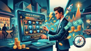 Современная иллюстрация игрового автомата с золотыми монетами для статьи о слотах с высокой волатильностью